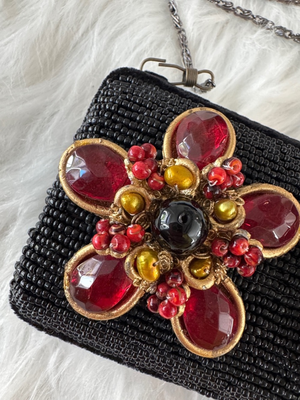 Mary Frances Black Beaded Evening Clutch with Red Gem Flower Accents - Picture 6 of 15